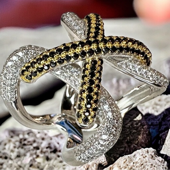 NEW Yellow & Black High Carbon Lab Sapphire Simulant Lace Up Wide Statement Ring - Picture 8 of 16